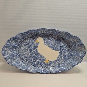 RARE NS Gustin Co California Blue Spongeware BOWL/CASSEROLE White Duck